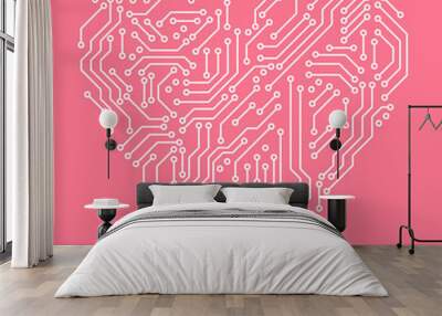 Printed circuit board pink and white heart shape computer technology, vector Wall mural