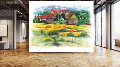 Rural watercolor landscape with old farmhouse. Wall mural