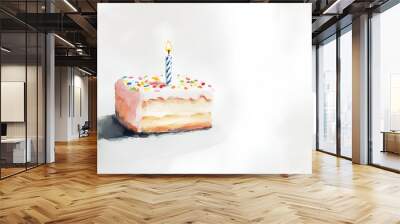 birthday cake with candle on top, Happy birthday watercolor hand painting illustration for greeting card idea. Wall mural