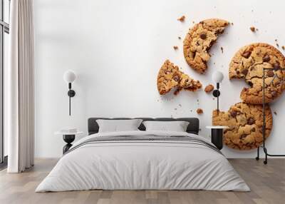 homemade chocolate chips cookies on white background in top view space for text Wall mural