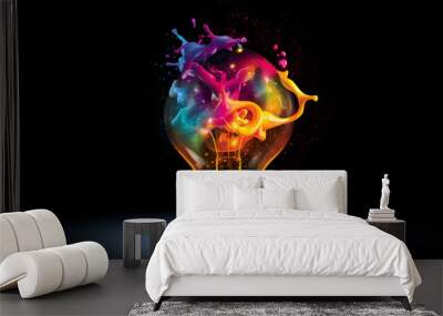 Light bulb shaped colorful powder explosion on a black background. generative AI Wall mural