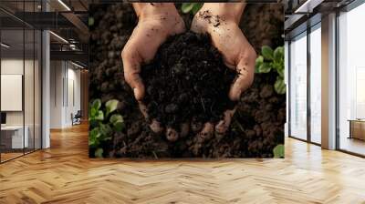 Hands Holding Rich Organic Soil with Biochar and Compost for Promoting Sustainable and Carbon-Sequestering Agriculture Wall mural