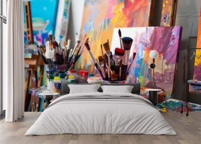 Vibrant and Expressive Studio Filled with Colorful Canvases and Creative Tools Wall mural