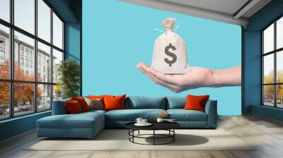 hand holding money bag dollar, isolated on blue background Wall mural