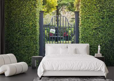 The iron gate is covered with green plants. Wall mural