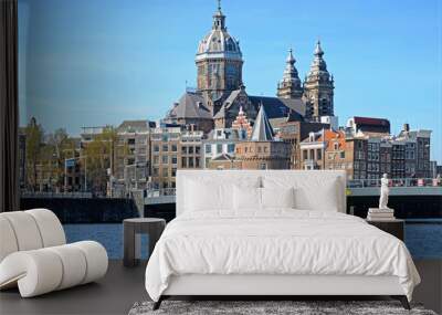 City scenic from Amsterdam in the Netherlands with the Niklaas church Wall mural