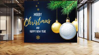 Merry Christmas and Happy New Year. Sports greeting card. Golf ball as a Christmas ball. Vector illustration. Wall mural