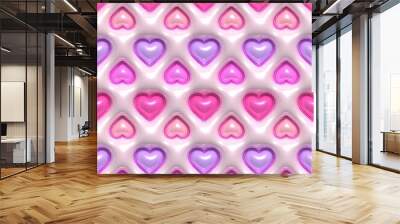 Pink 3D Inflated Puffy Hearts. Seamless Tileable Pattern. Wall mural