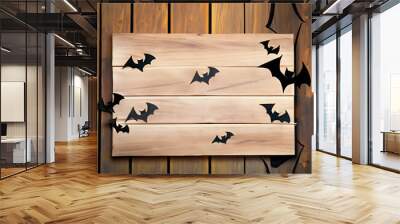 Halloween background. Paper black bats on a wooden background. Wall mural