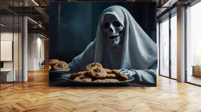 Halloween ghost eating round cookies biscuits. Wall mural