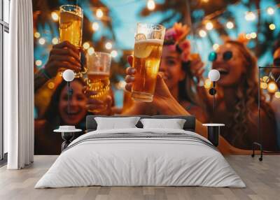 Tropical party cheers - friends toasting with beer under fairy lights. Joyful friends raising glasses in a festive toast during a tropical evening party with warm fairy lights sparkling in the backgro Wall mural