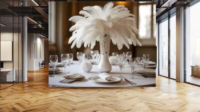 White ostrich feather in vase on a white banquet table. Wall mural