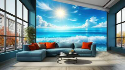 Gentle ocean wave with bright sun and blue sky Wall mural