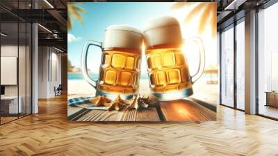 Two large beer mugs clinking on a table at the beach, with palm trees and the sea in the background, summer heat, foam, outdoors, blue sky Wall mural