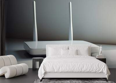 White home Wi-Fi router with two antennas on a reflective surface, symbolizing modern internet connectivity. Wall mural