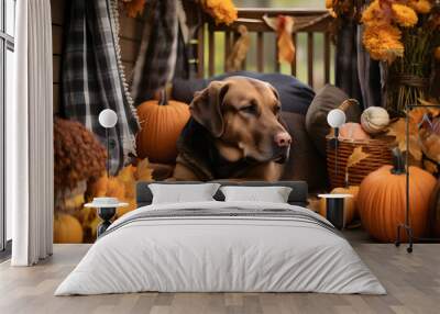 A dog lying on a cozy porch of wooden house decorated with pumpkins, flowers and autumn leaves. Orange, red autumn fall banner, halloween and thanksgiving decor. Wall mural