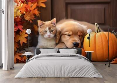 Dog and cat lying on a porch of wooden house decorated with pumpkins and autumn leaves. Orange, red autumn fall banner, halloween and thanksgiving concept Wall mural