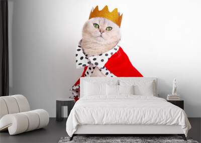 A luxurious calm white cat in a golden crown and red mantle, sitting on a white background Wall mural