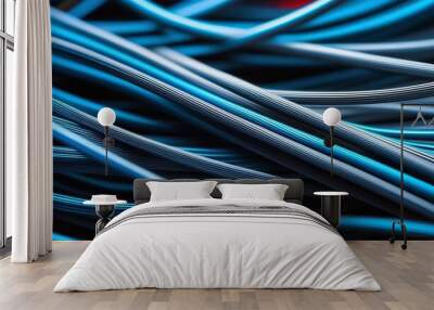 Close-up of blue cables and wires in computer network systems, abstract background Wall mural