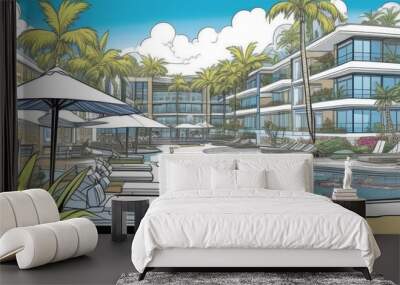 Luxurious modern resort with pool surrounded by palm trees under a bright blue sky Wall mural