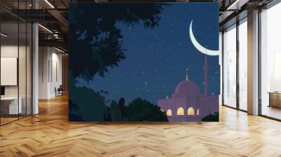 Peaceful starry night over mosque with crescent moon in tranquil landscape. Wall mural