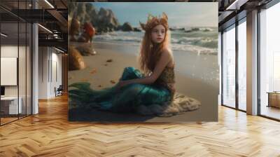 Pretty young girl, in a mermaid costume, sits on the beach Wall mural