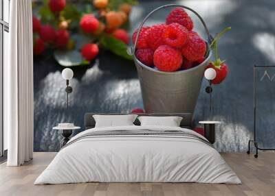 Raspberries in a tin bucket on a black table against the background of the garden. Side view. Fresh summer harvest for a healthy diet. Wall mural