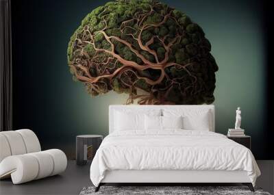 the green the human brain in the form of a tree isolated on dark green background Wall mural