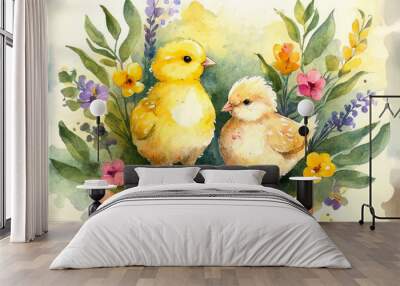 Two cute little chickens and Easter eggs on a spring flowers lawn Wall mural