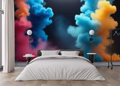 Vibrant smoke clouds surrounding black circular podium on dark background Wall mural