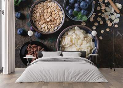 Ingredients for making smoothie for healthy breakfast. Bowls of yogurt, blueberries, granola, almond chia seeds, coconut, milk, chocolate, mint, carambola over dark wooden background. Top view, space Wall mural