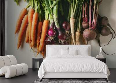 Variety of root garden vegetables carrot, purple onion, beetroot, parsnip with tops over white marble background. Top view, space Wall mural