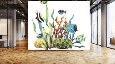 Bright reef fish with corals, sea sponges and algae. Watercolor illustration. Composition from the collection TROPICAL FISHES. For decoration and design of summer and beach prints, stickers. Wall mural