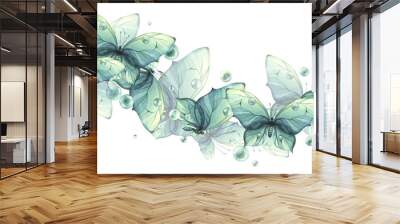 Delicate turquoise and blue butterflies with bubbles are airy, light, beautiful. Hand drawn watercolor illustration. Seamless border on a white background for fabric, textiles, wallpaper, packaging. Wall mural