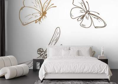 Insects butterflies, dragonfly and bumblebee. Line art is a simple hand-drawn illustration in beige, ochre, brown ink. Isolated vector EPS set of elements. Wall mural