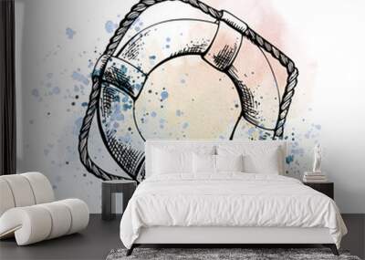 Lifebuoy graphics on the background of watercolor stains and splashes. Hand drawn illustration. Isolated composition on a white background. For prints, postcards, posters, stickers. Wall mural