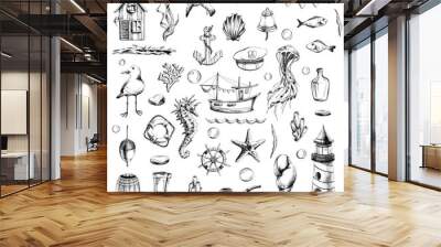 Nautical set with ship, lighthouse, underwater animals and various elements. Black and white hand-drawn illustration in graphic technique. Isolated, vector objects. in EPS format. For design. Wall mural