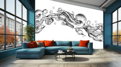 Octopus, seaweed in wave shape with starfish and water bubbles. Graphic illustration hand drawn in black ink. Seamless pattern border EPS vector. Wall mural