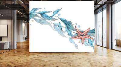 Seaweed in the shape of a wave with starfish and water bubbles. Watercolor illustration hand drawn in turquoise and coral colors. Seamless border, pattern isolated from the background. Wall mural