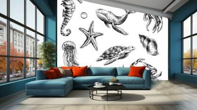 Underwater world clipart with sea animals whale, turtle, octopus, seahorse, starfish, shells, coral and algae. Graphic illustration hand drawn in black ink. Set of isolated objects EPS vector. Wall mural