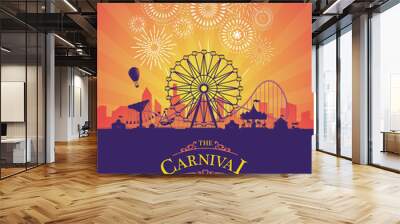 Vector background of amusement park. Poster design invitation of the carnival funfair and amusement with sunset. Ferris wheel, roller coaster and carousel festive parks attractions. Wall mural