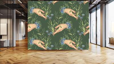 Seamless pattern watercolor outstretched human hand with blue flower and leaves on green background. Hand-drawn gesture with spring forget me not. Art for wallpaper or wrapping, celebration wedding Wall mural