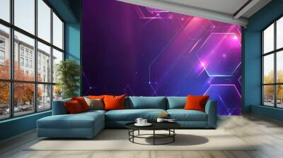 Abstract background with hexagon pattern in blue and purple neon colors Wall mural