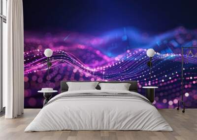 Abstract digital art, 3D rendering, glowing abstract background with waves of light and particles in purple and blue color Wall mural