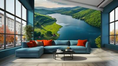 Aerial view of lake and green forest in mountains Wall mural