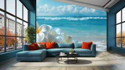 Beautiful beach view with white flowers on the sand. Wall mural