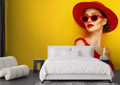 beautiful woman in glasses and wearing a hat holding shopping bags, on a yellow background. Wall mural