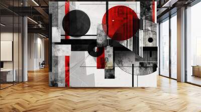 black and white abstract background with red circles and squares. Wall mural