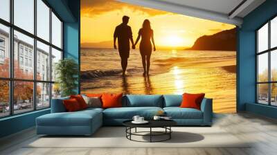 Couple Walking on a Beach at Sunset Wall mural