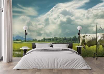 Cow Grazing in Meadow with Mountains in the Background Wall mural